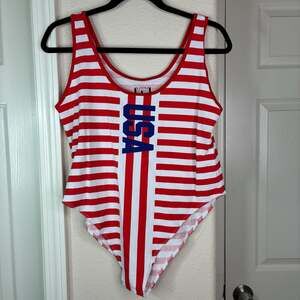 IML Isaac Morris women's USA red white blue striped bodysuit Sixe XL